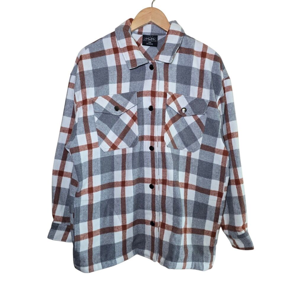 HFX Plaid Fleece Shacket Jacket Women's Medium Gray Rust Orange Wool Oversized